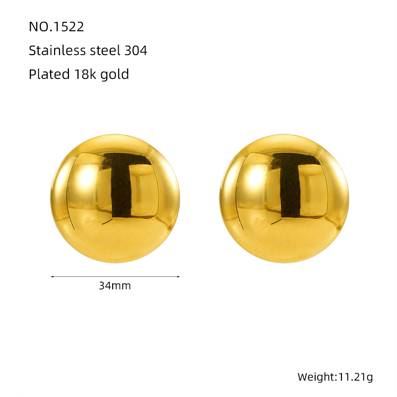 Pendientes de acero inoxidable de oro de 18k de estilo europeo y americano para mujer Pendientes brillantes de hemisferio redondo de acero de titanio galvanizado al vacío para mujer