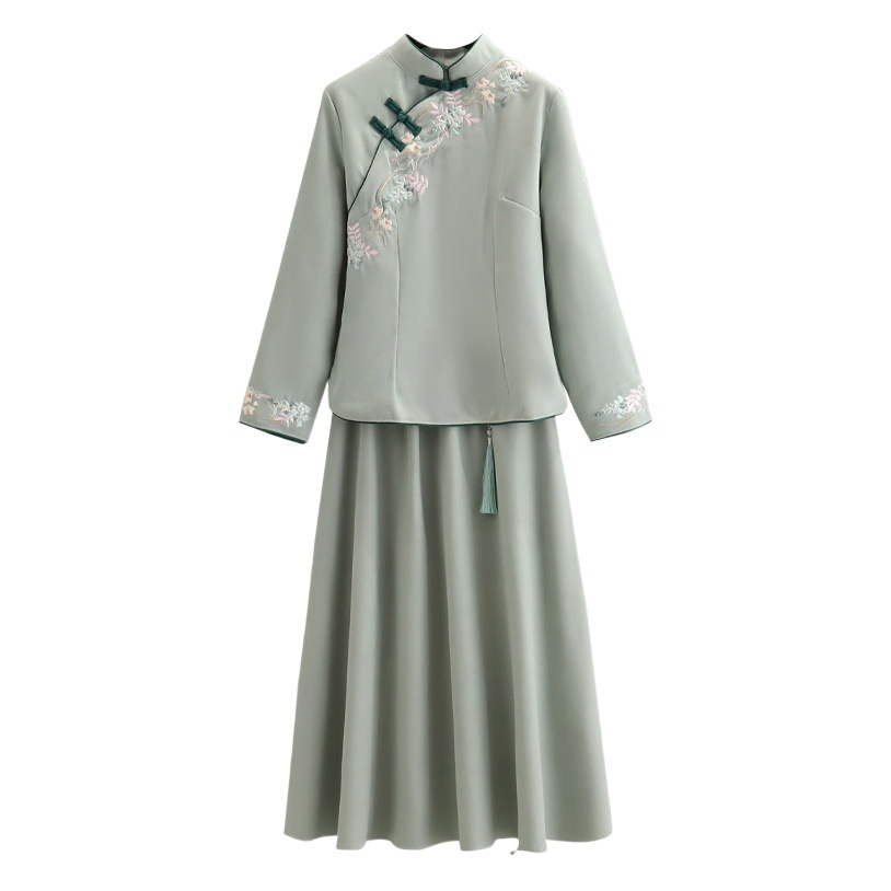 Women's Autumn and Winter Embroidered Tang Suit with Stand Collar, Slimming Long-Sleeve Top, Tea Artist Cotton-Linen Set, Chinese Style Improved Version