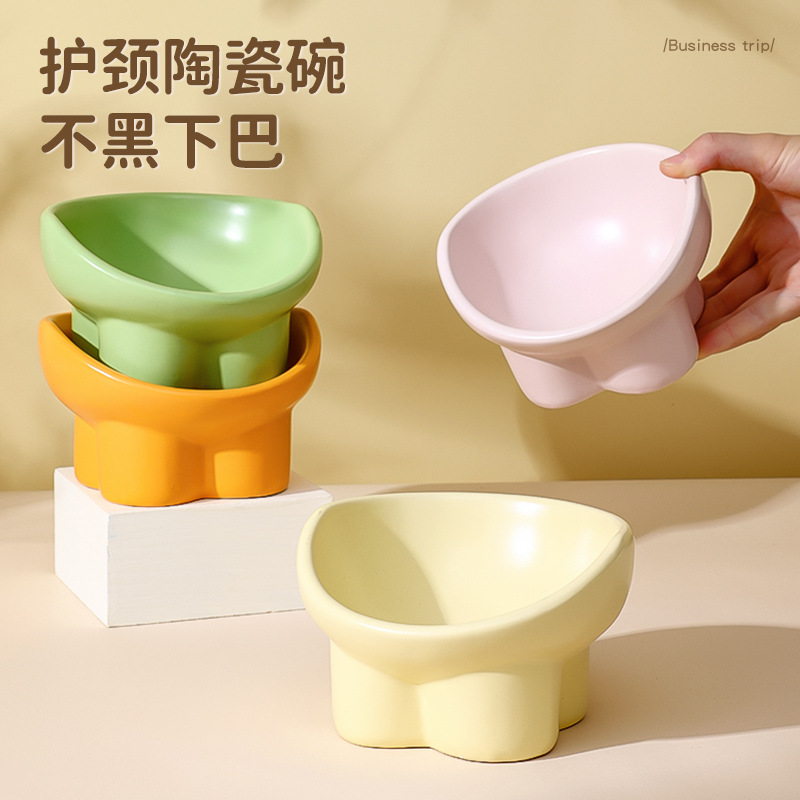 Tazón de cerámica para gatos para mascotas, tazón para perros, tazón para gatos, tazón de agua, arco alto para proteger la columna vertebral cervical, oro pequeño