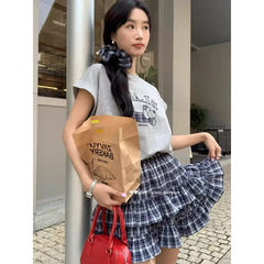 韓国の甘いガーリースカート夏の新しいショートスカート小さなチェック柄ハイウエスト弾性ウエストケーキスカート
