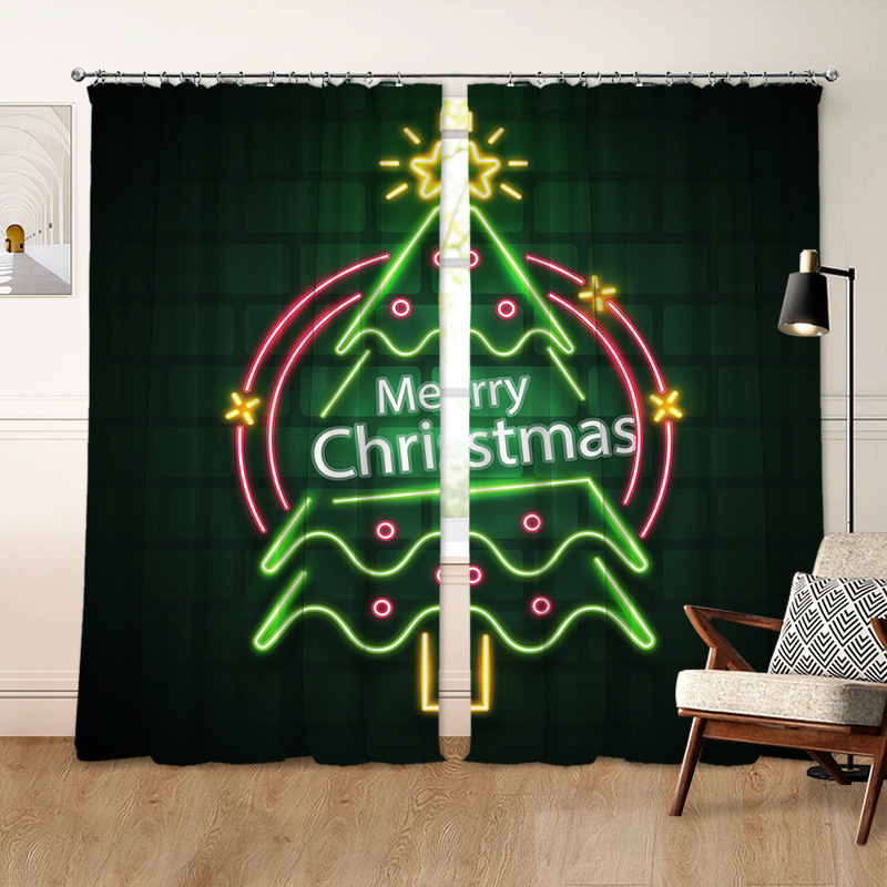 Custom Holiday Neon Light Christmas Tree Curtains, Digitally Printed Blackout Balcony Curtains, Dropshipping, Cross-Border, Provide Your Own Design