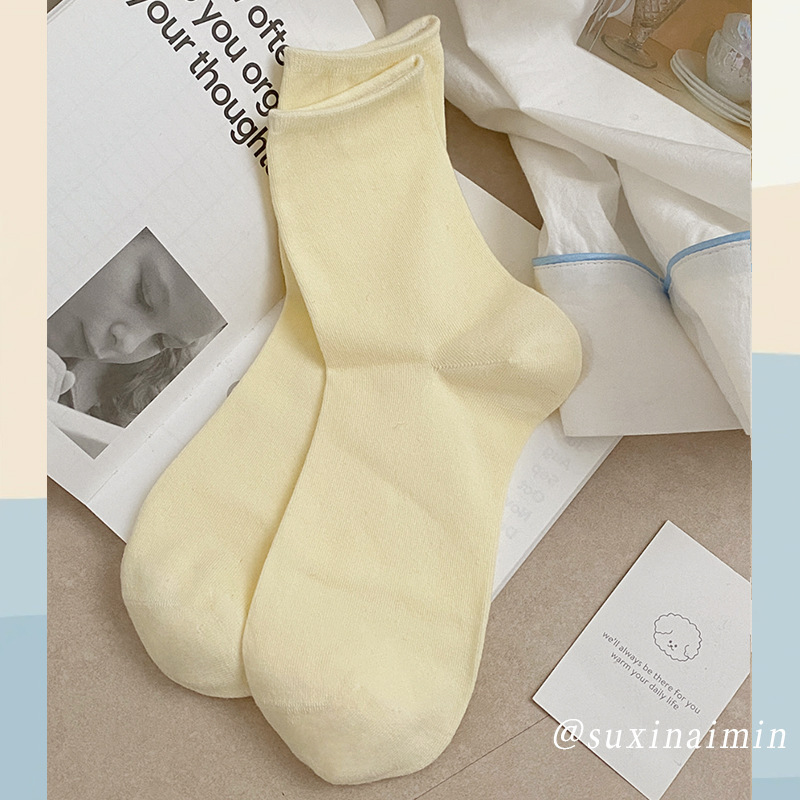 suxinaimin 春秋薄手無地ソックス インス風シンプルモランディカラー 秋用ショートソックス レディース綿ソックス|undefined