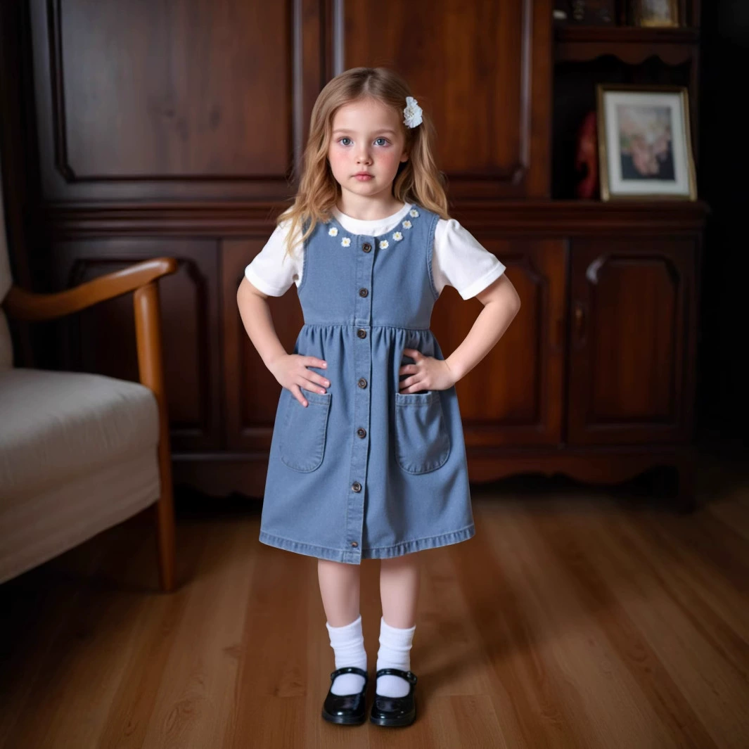 Милый костюм для маленьких девочек с белой футболкой с короткими рукавами и джинсовым платьем без рукавов на пуговицах, которое носится снаружи.