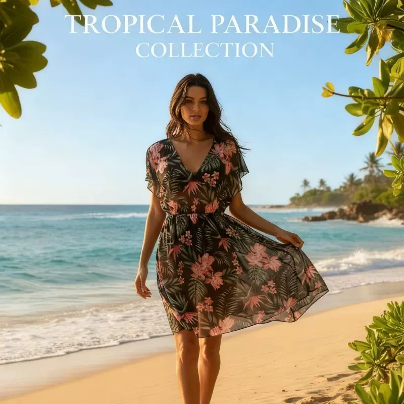 欧美热卖比基尼罩衫女 跨境亚马逊印花短袖网纱连体收腰沙滩罩衫