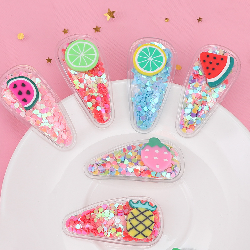韩版新款彩色流沙透明儿童水果发夹PVC边夹宝宝BB侧边夹头饰品