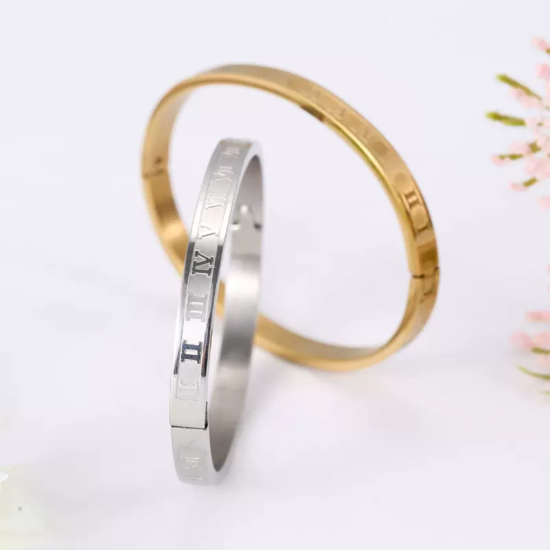 欧美热销男女时尚罗马数字钛钢手镯时尚潮流四色可刻字不锈钢手环