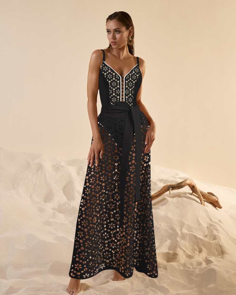 Costume intero nero a fascia con abito traforato elegante_voghion.com