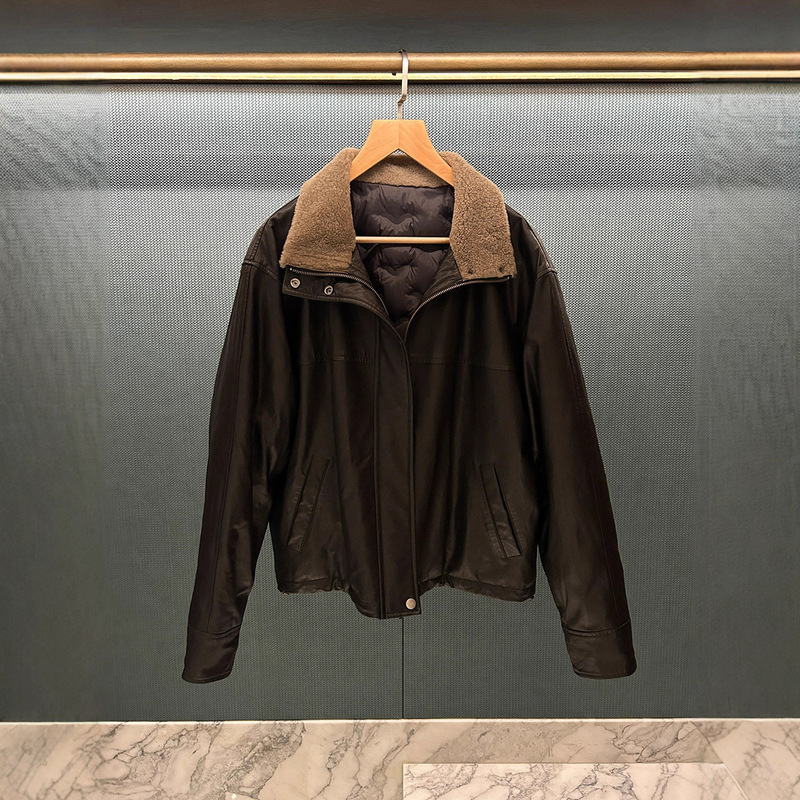 Sheepskin Collar Down-Lined Leather Jacket 2026 Autumn and Winter New Style Warm Genuine Leather Motorcycle Leather Jacket for Women with Added Fleece