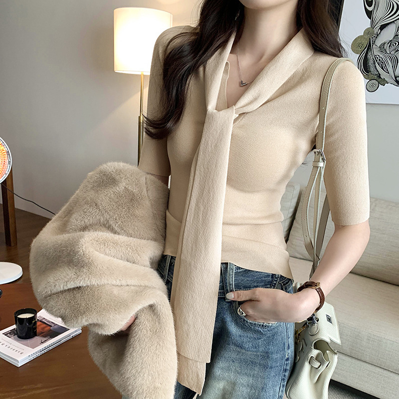French Style Chic Spice Girl V-neck Lace-up Slim-fit Short-sleeved Sweater Women's Spring and Summer 2025 New Elegant Slim-fit Top
