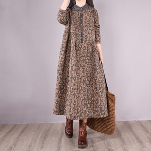Real Shot of 2025 Winter New Style Artistic Retro Loose Plus-Size Women's Comfortable Floral Quilted Cotton-Linen Dress