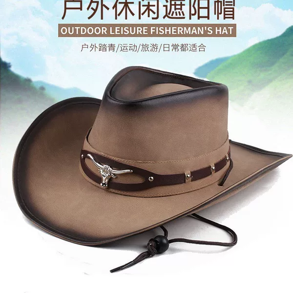 Cross-Border Spring and Summer Hats for Men, Large-Brimmed Leather Sun Protection Hats, Edge-Trimmed Riding Hats, Prairie Cowboy Mongolian Hats
