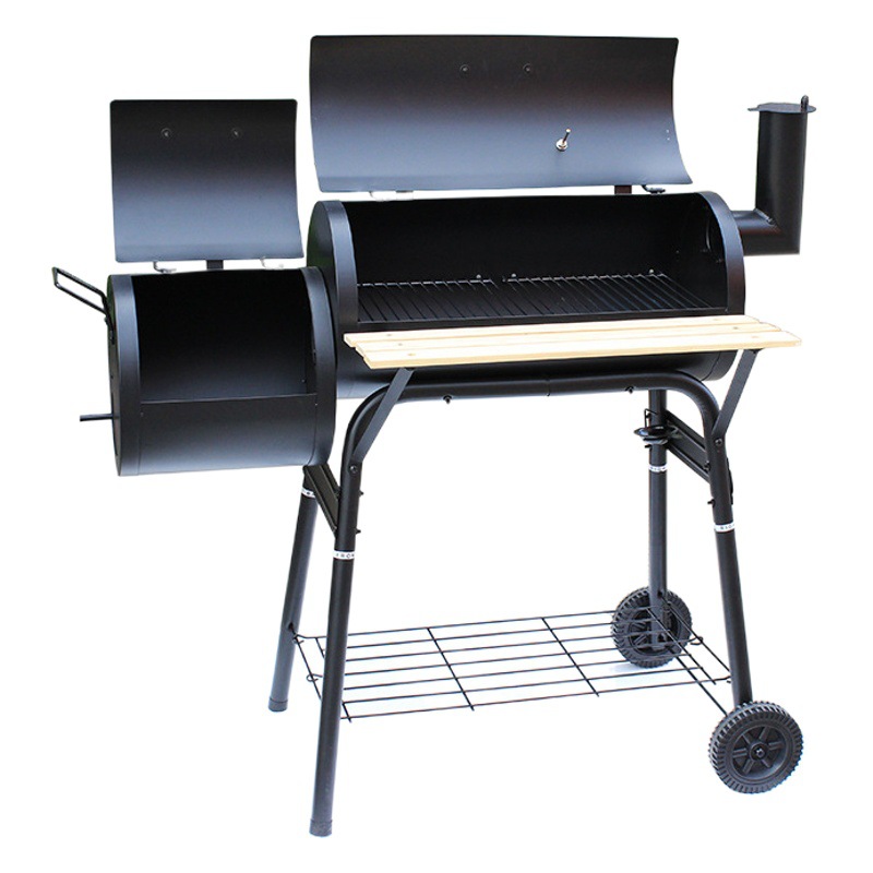 Fabricante de origen horno doble con ruedas con placa de mesa delantera placa de almacenamiento parrilla de barbacoa horno de tambor de aceite hembra de 30cm