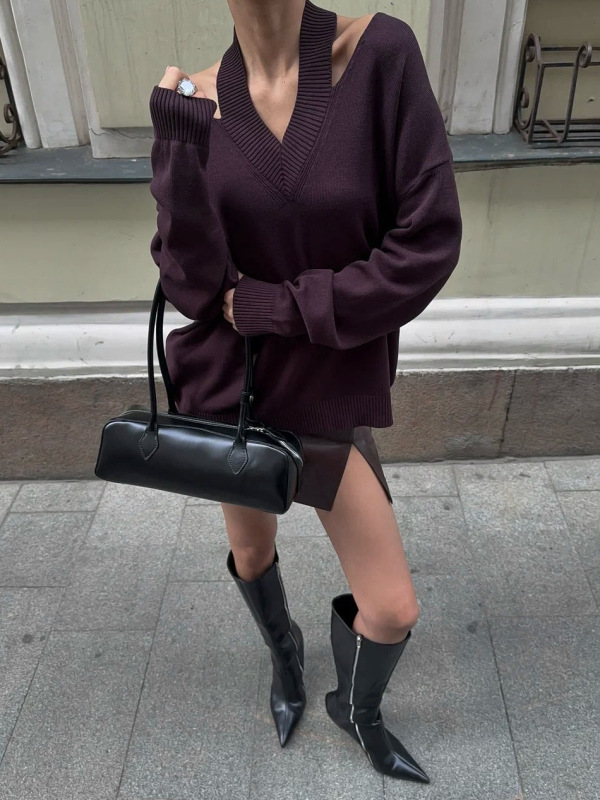 欧美跨境挂脖一字肩毛衣女2025秋季新款宽松慵懒风个性挂脖设计感|undefined
