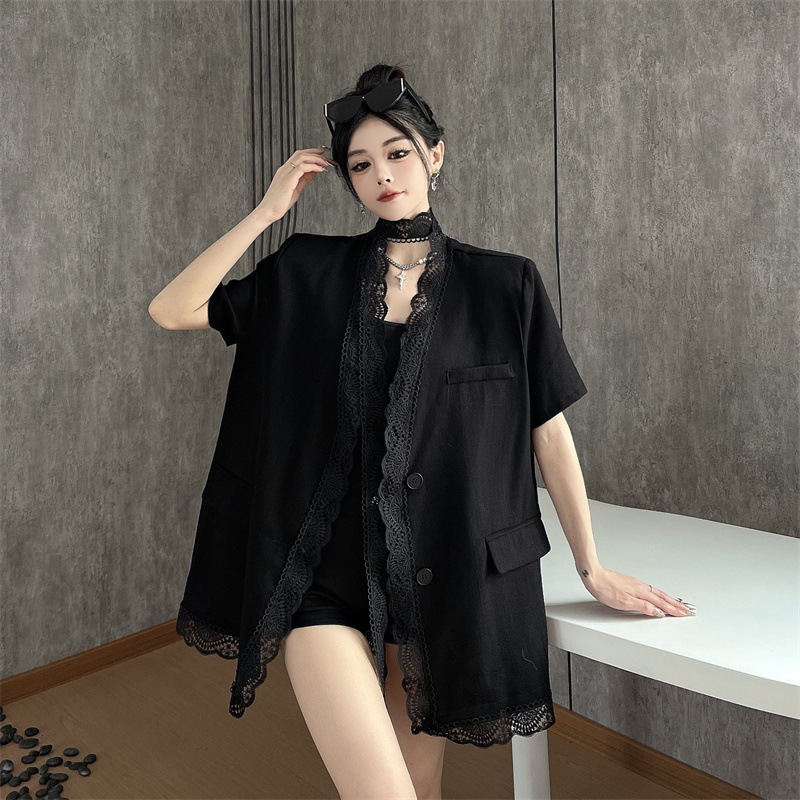 Spot Real Shot 2025 Summer Thin Lace Splicing Cotton and Linen Suit Short-Sleeved Suit Jacket for Women