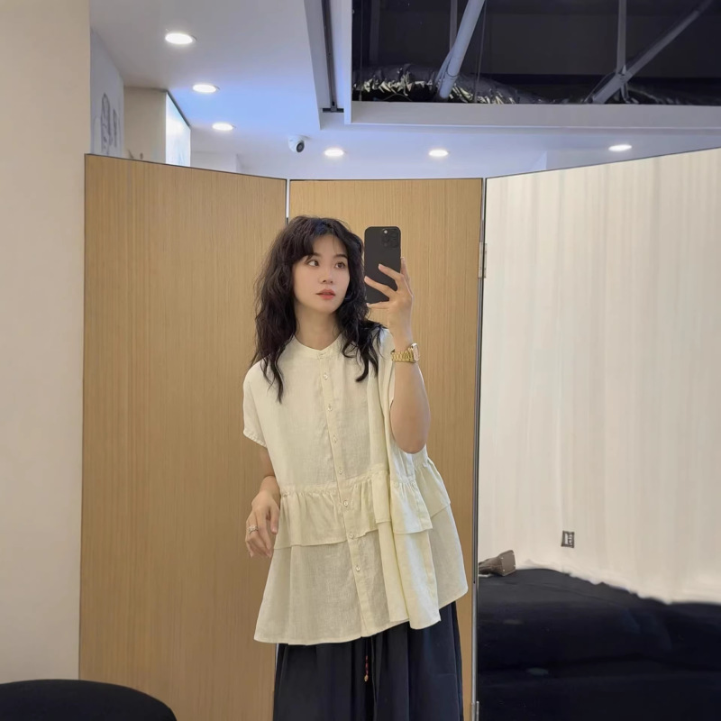 Japanese-Style Mori-Style Hemp Shirt for Women, New Summer Model with Ruffled Edges, Age-Reducing, Versatile, Retro, Artistic, One-Piece Sleeve Top
