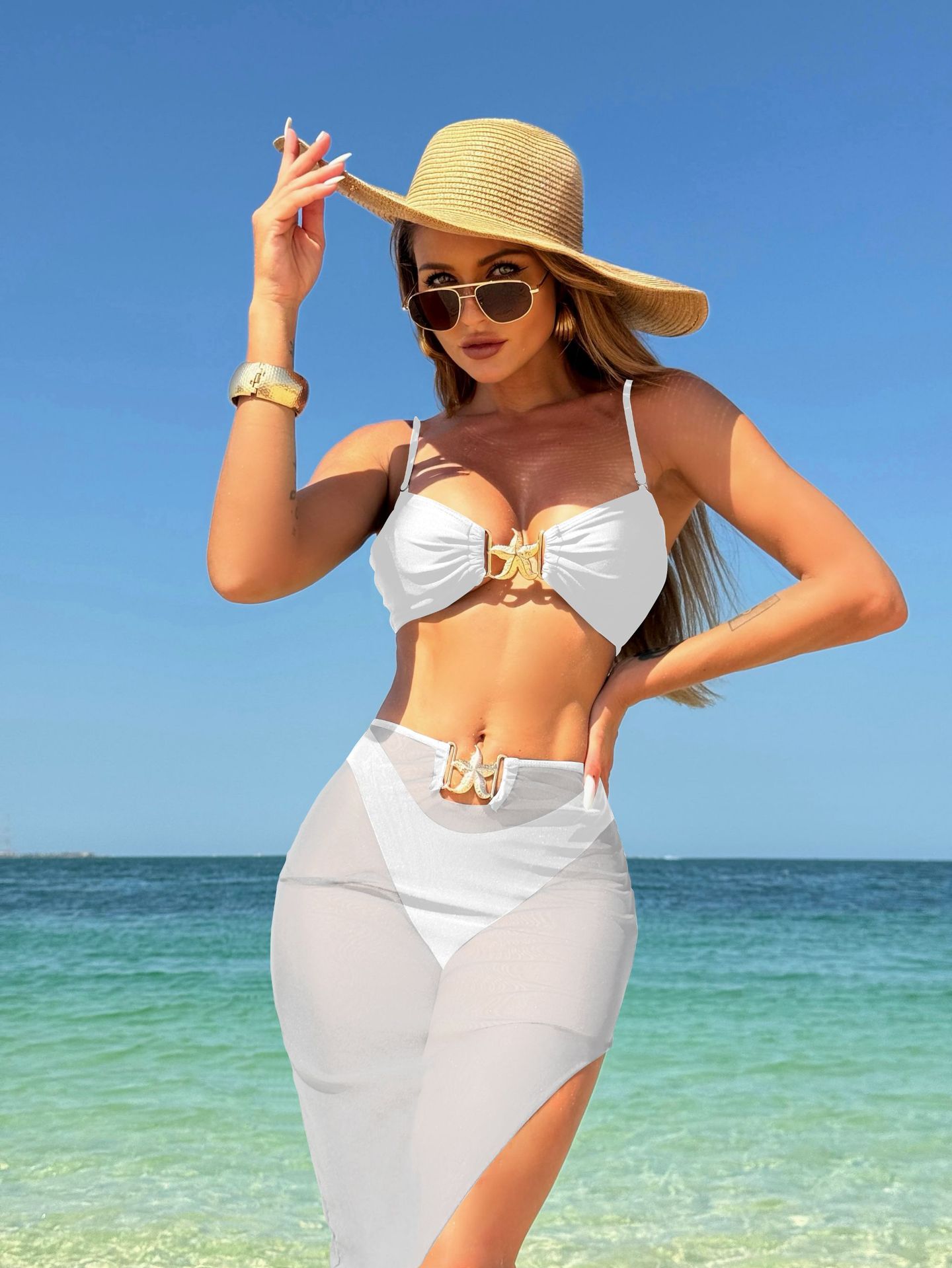 236g Weight Sleeveless Sleeve Length Polyester Fabric Type Skirt Sets Sets Type 3 Pieces Set Quantity Holiday, Swimming Pool, Swimming Occasion Strap Neckline Slim Fit Type Solid Color Pattern Women's Gender Sexy Style Women's Sexy Solid Color 3 Pieces Set Bikinis Swimwear 2