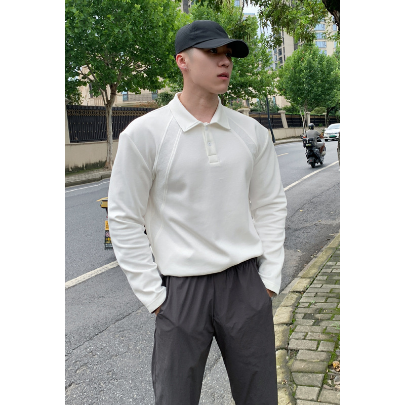 Polo/sweat-shirt en coton chinois à épaules droites, style américain, pour homme, printemps-automne, patchwork déstructuré._voghion.com
