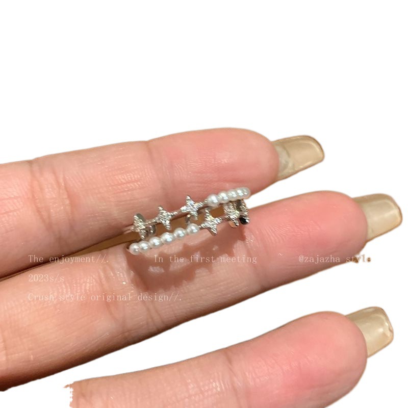 Double layered star pearl women in summer 2023, new fashionable and personalized ring with adjustable opening for index_voghion.com