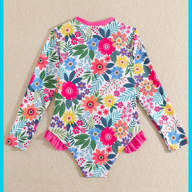 Mädchen-Badeanzug mit langen Ärmeln und Sonnenschutz, Rashguard mit Blumenmuster für größere Kinder, UPF 50+ Badebekleidung für Strand- und Poolurlaub_voghion.com