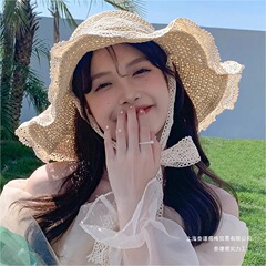 蕾丝边太阳帽编韩版帽女夏帽系带沙滩遮阳帽出游防晒镂空