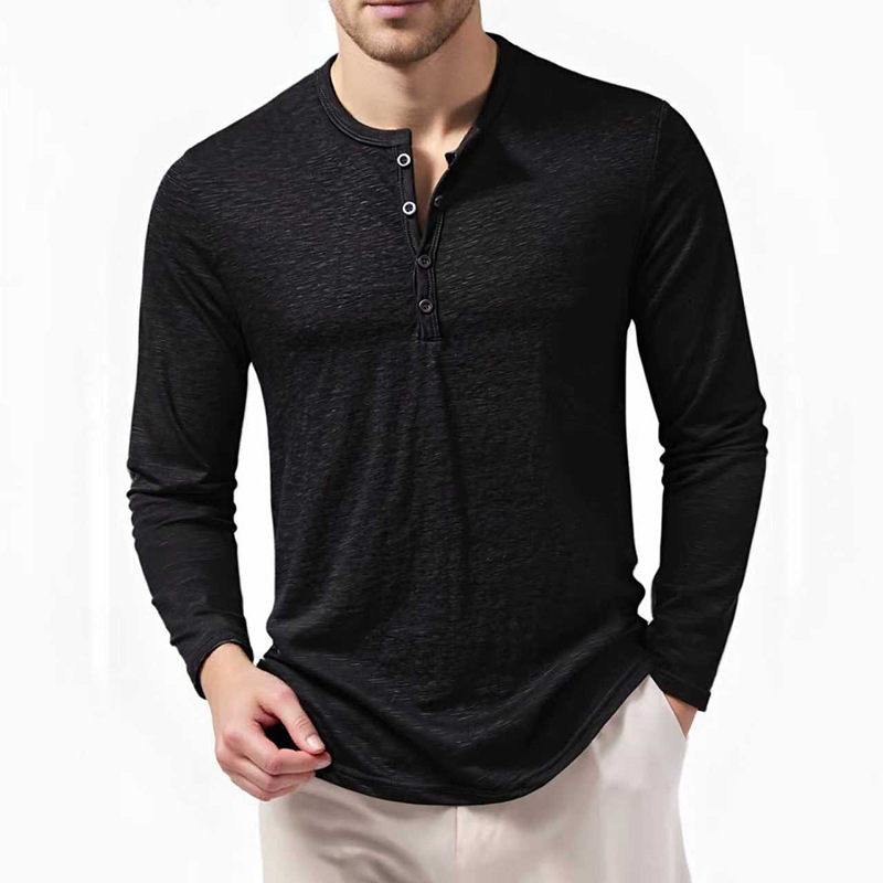 Men's Bamboo-Cotton Henley Neck Polo Shirt Long Sleeve Breathable Relaxed Fit Tops & Tees in White Black Wine Khaki Army Green Sizes S-2XL_voghion.com