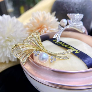 DIY配件 明星同款奢华胸针铜微镶锆石厚镀金叶子别针珍珠胸花空托