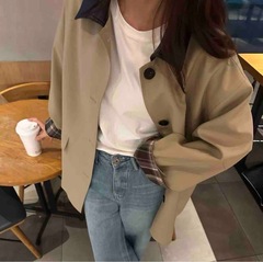 韩系拼pu领翻领复古格子拼接廓形风衣外套女2025秋新款9906