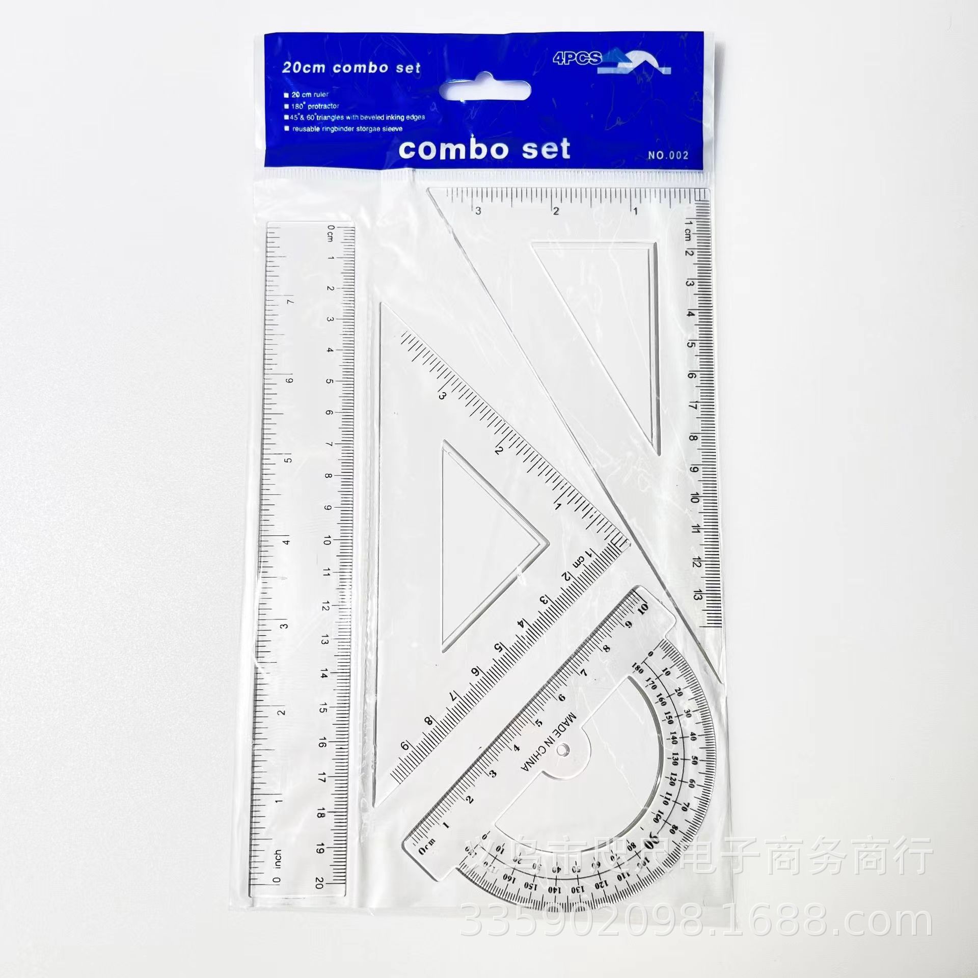Binbin papelería nuevo conjunto de cuatro piezas traje de regla + 2 versión de triángulo + transportador conjunto de regla de plástico para estudiantes