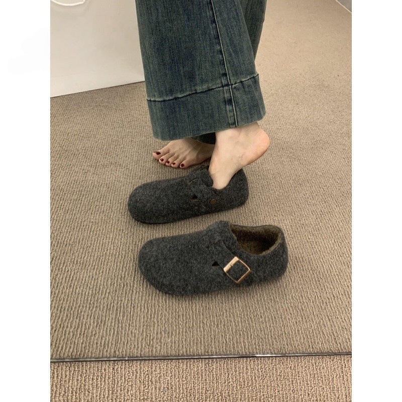 复古圆头毛毡加绒勃肯鞋女加绒秋冬季一脚蹬保暖棉瓢鞋乐福鞋