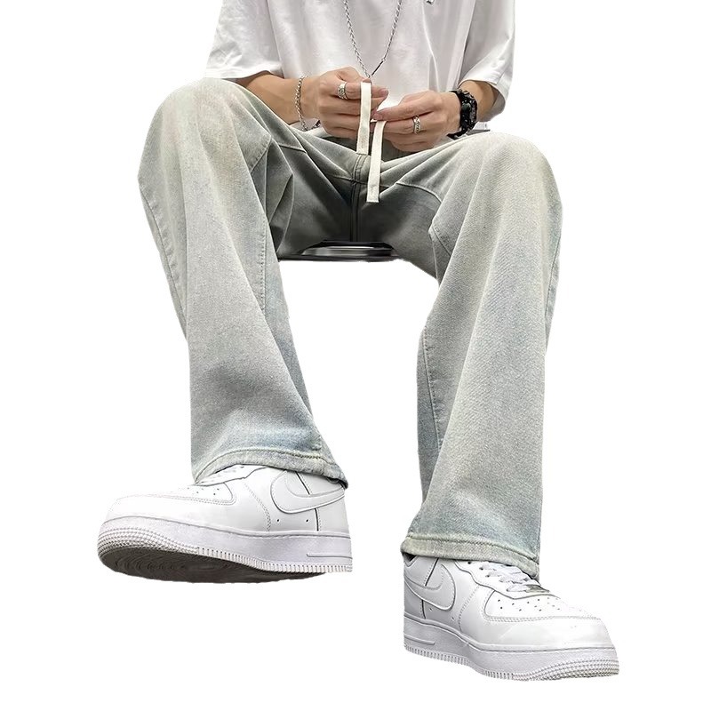 Vaqueros americanos, pantalones teñidos de barro amarillo de seda de hielo viejos lavados de verano para hombres, pantalones rectos sueltos de la marca de moda de la calle principal