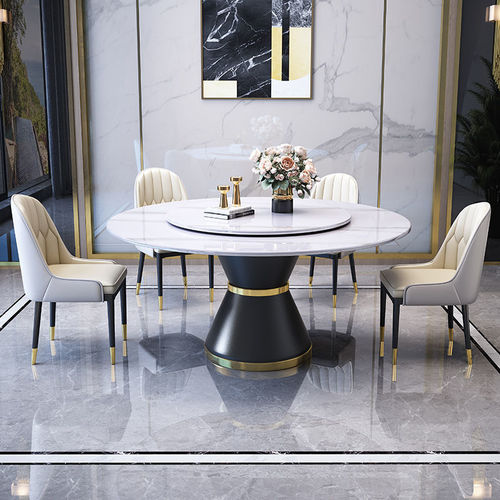Light luxury glossy slate round table hotel restaurant large round table induction cooker with turntable dining table round dining table and chairs combination