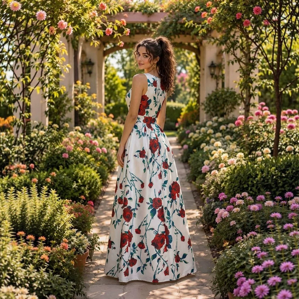 2026 European and American cross-border women's white sleeveless rose print waist-cinching elegant formal evening dress
