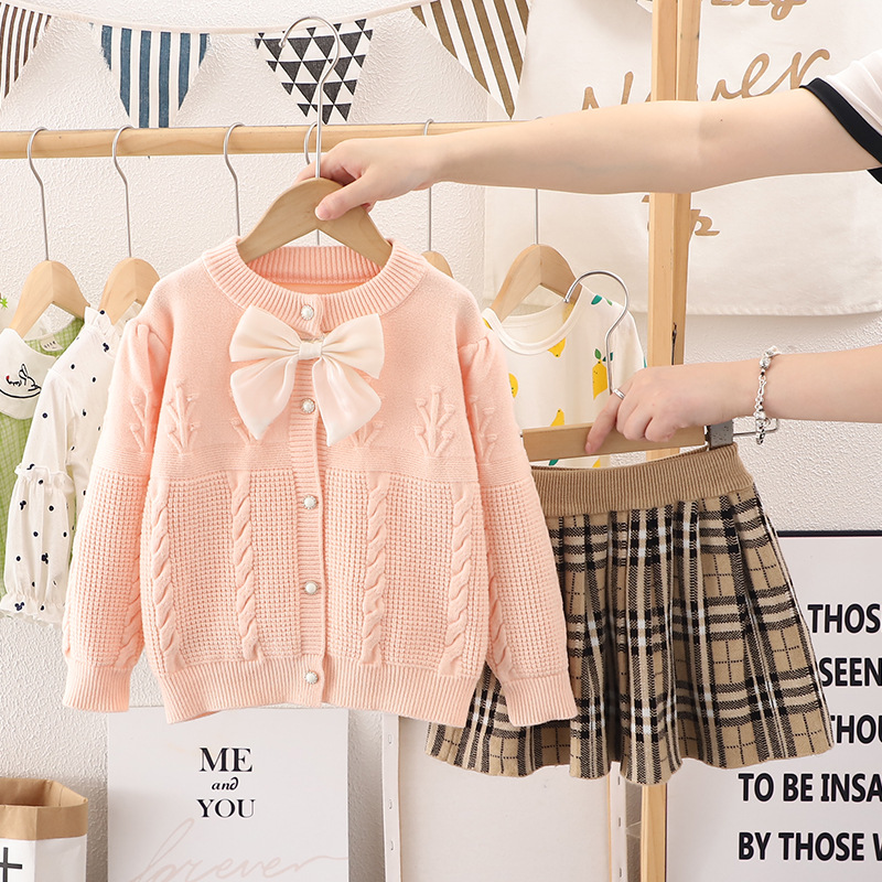2023 neue kinder frauen Schatz Pullover Mädchen Gestrickte Bogen Rock Zwei Stück Set Modische_voghion.com