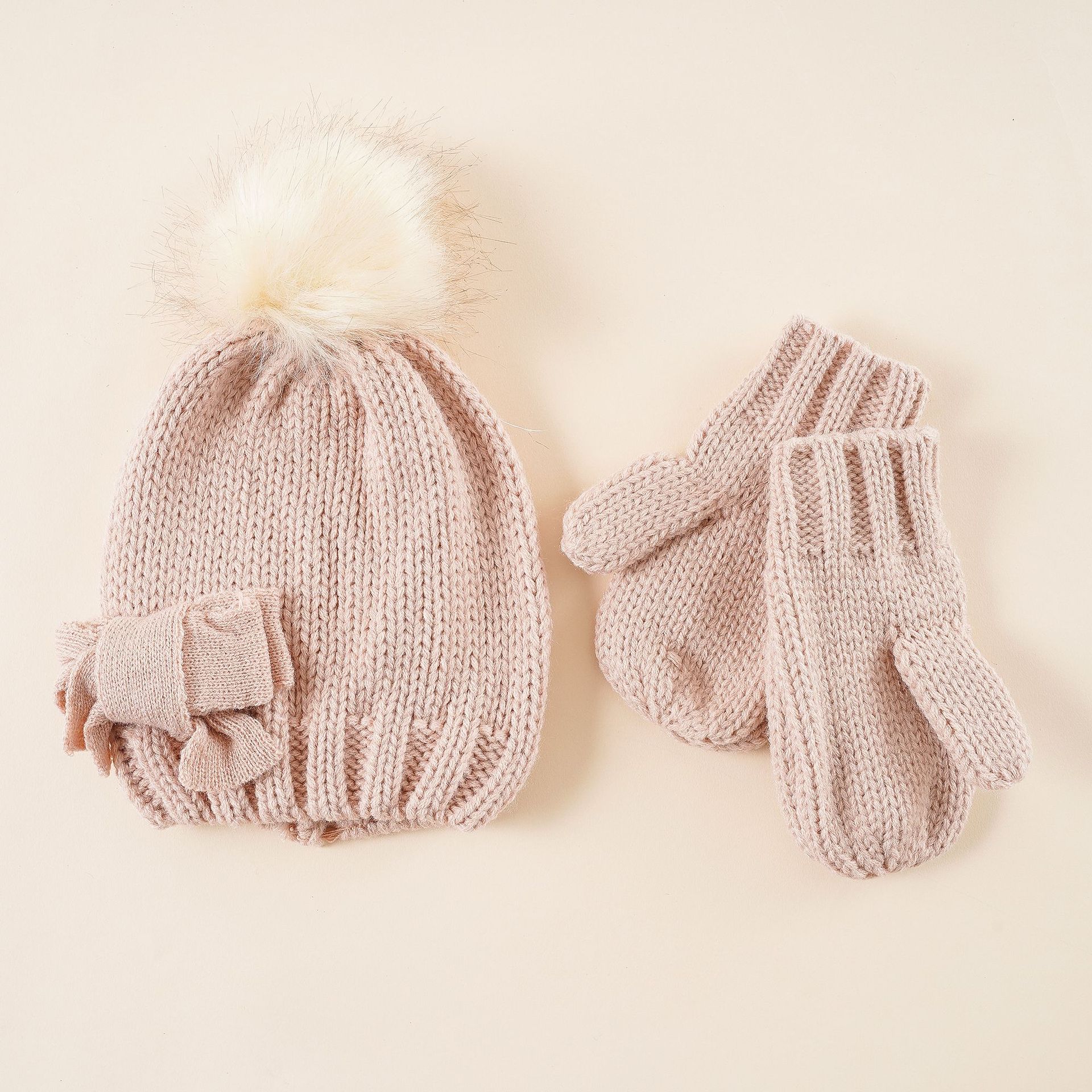 Otoño e invierno Bebé 1-2 años de edad sombrero guantes traje de los niños de punto de lana sombrero arco guantes lindo y simple