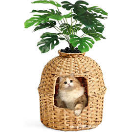 跨境猫窝藤编客厅阳台卧室宠物窝狗窝房子半封闭落地猫窝猫别墅