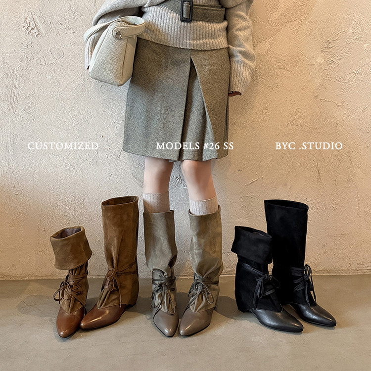 Genuine leather Korean-style women's lace-up casual high-tube boots, new autumn and winter square-toed mid-heel slip-on knee-high boots for women Genuine leather Korean-style women's lace-up casual high-tube boots, new autumn and winter square-toed mid-heel slip-on knee-high boots for women