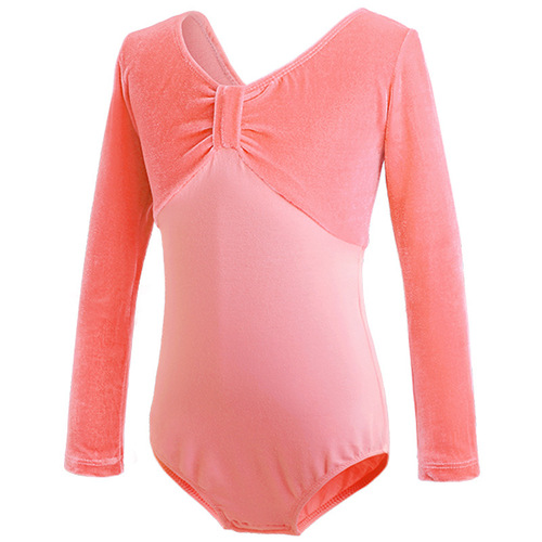 Children's long-sleeved exercise clothing, girls' dance clothing, gold velvet gymnastics clothing, body clothing, open crotch jumpsuit, folk dance clothing