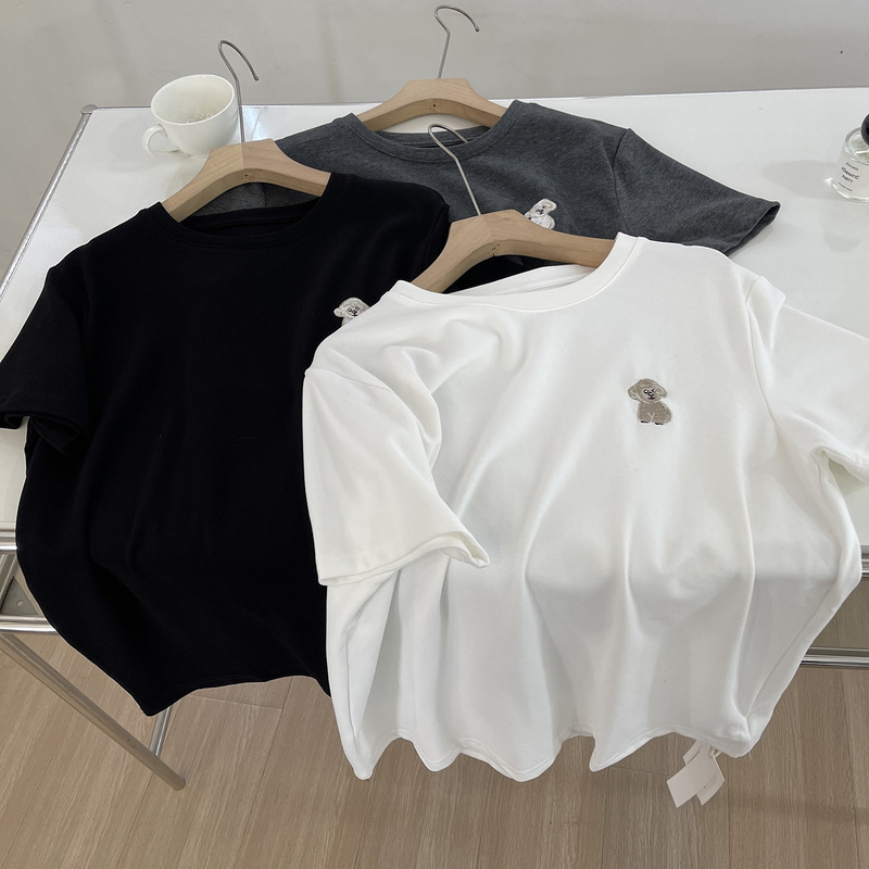 Heavy T! Embroidered Teddy Short-sleeved T-shirt Women's Soft Waxy Clouds Cotton Age-reducing All-match Round Neck Base Shirt Top for Summer