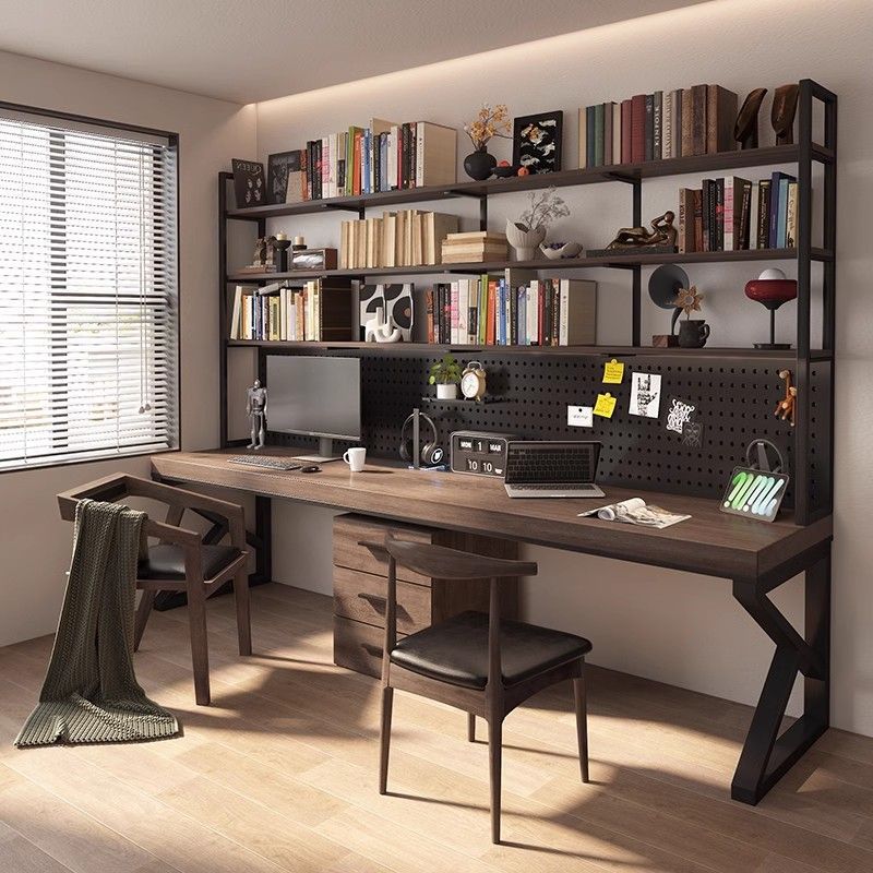 Solid Wood Desk Bookshelf Integrated Table Simple Computer Table Double Desk Home Loft Workbench Hole Board Long Table