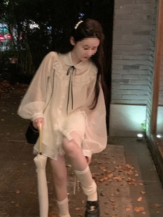 《英式早茶》白色仙仙清爽微透夏季長袖襯衫+蕾絲蓬蓬短裙套裝女