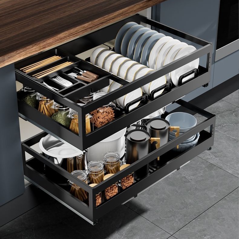 Multi-funcional cesta de la cocina cajón de acero inoxidable de doble capa condimento gabinete transformación almacenamiento plato estante al por mayor