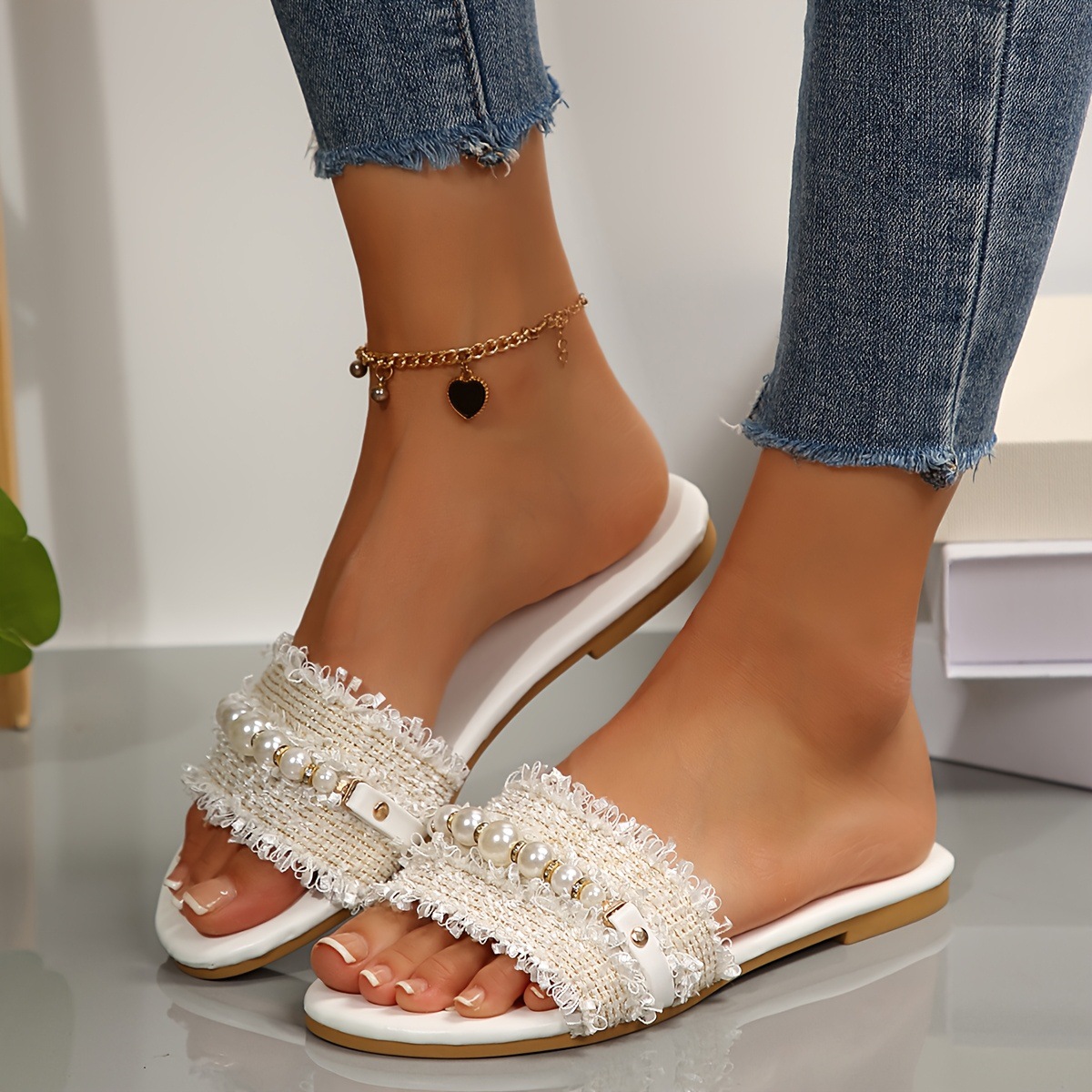Sandalias Planas con Perlas para Mujer de Cuero Sintético, Resistente al Desgaste, para Uso Diario image 4