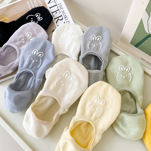 Socks for women in summer with shallow mouth printed bunny head invisible socks cartoon rabbit short tube women's boat socks silicone non-slip women's socks