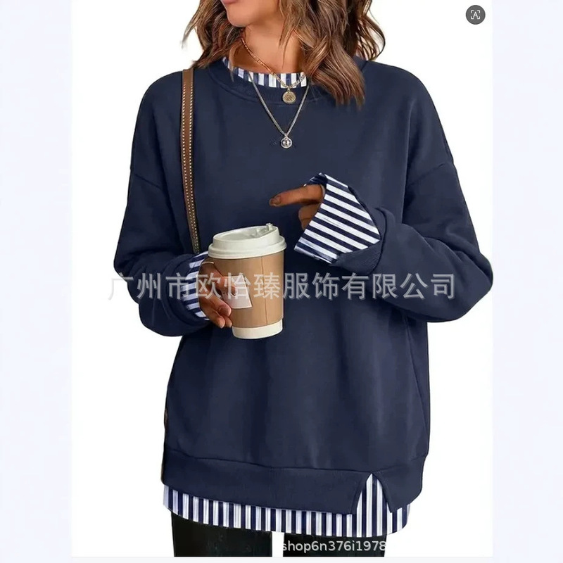 European and American independent site Amazon 2026 autumn new women's round-neck faux two-piece striped patchwork wide-shoulder sweatshirt European and American independent site Amazon 2026 autumn new women's round-neck faux two-piece striped patchwork wide-shoulder sweatshirt