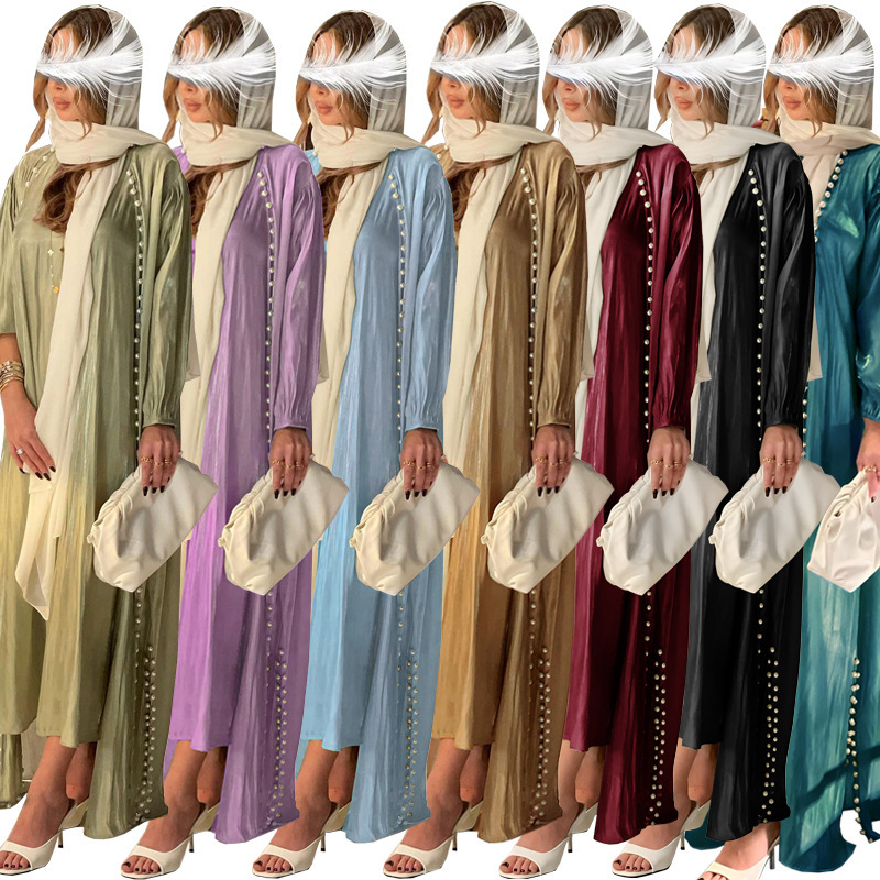 Mq048 2026Modest Fashionable Shiny Silk Satin Dress with Bubble Beads Solid Color Two-Piece Set
