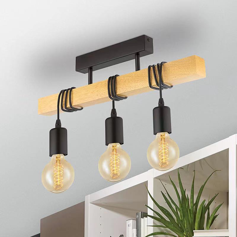 Cross-Border dedicated to creative wood chandelier retro industrial wind solid wood primary color three-headed dining hall lamp suction hanging dual-purpose lamp