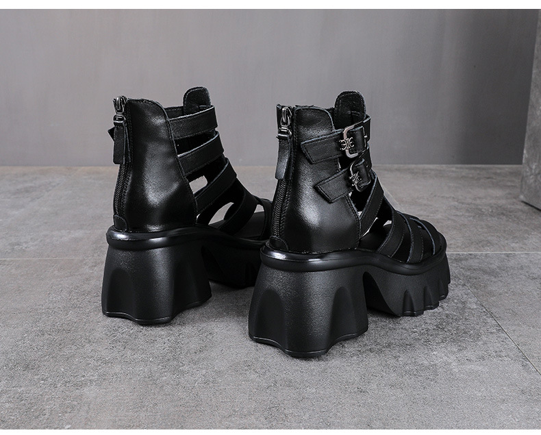 Sandal da bò cao gót nữ hở mũi quai La Mã đế tăng chiều cao — màu đen chi tiết 12