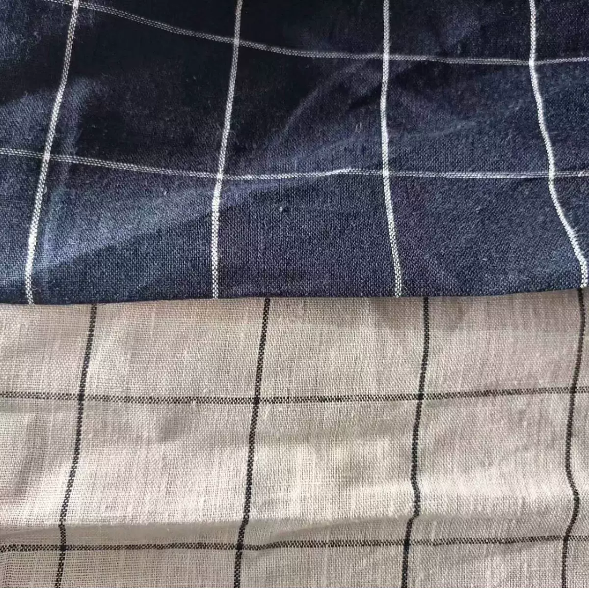 HY-1688-1亚麻色织白色深蓝色格子面料春夏裤子窗帘面料