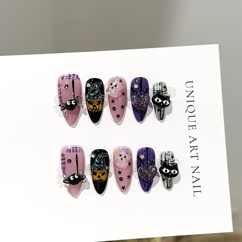 Handmade Halloween Purple Almond Nail Tips, European and American Hand-Painted Pumpkin Ghost Spider Fake Nail Stickers Handmade Halloween Purple Almond Nail Tips, European and American Hand-Painted Pumpkin Ghost Spider Fake Nail Stickers