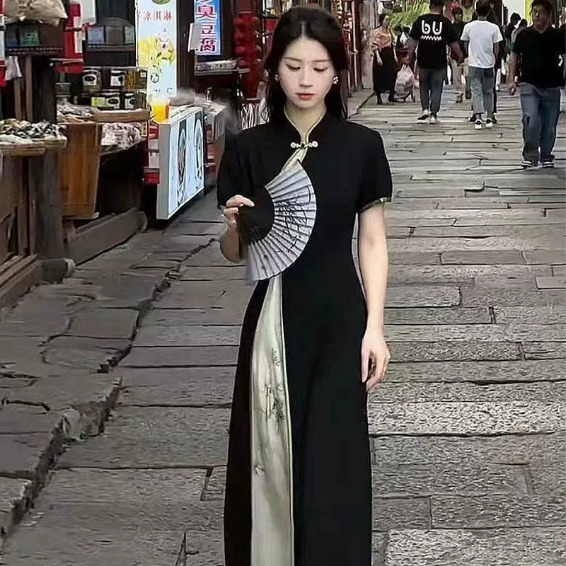 Летнее новое модное тонкое платье в китайском стиле, темпераментная тонкая юбка